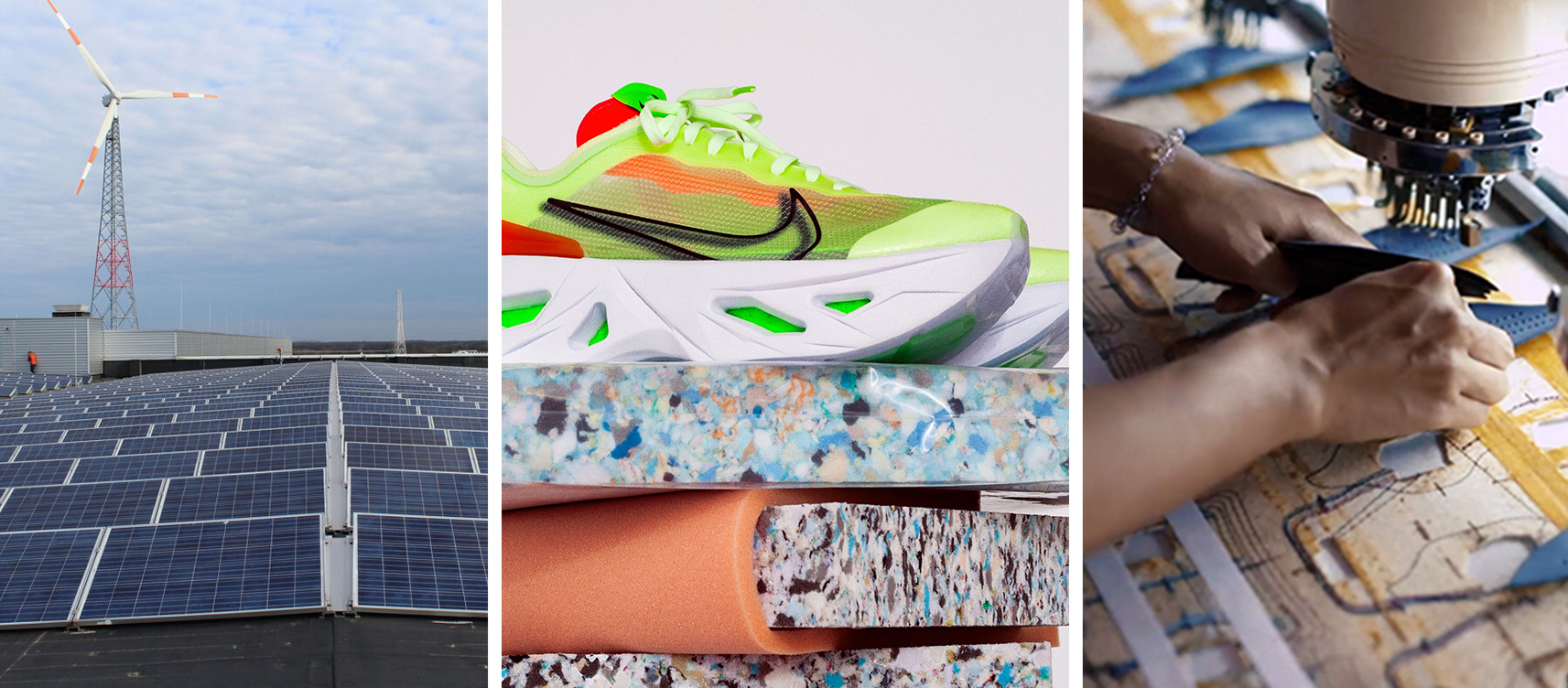 Triptych of solar panels, Nike shoes sitting on multicolored material, and an enginer writing in a notebook.
